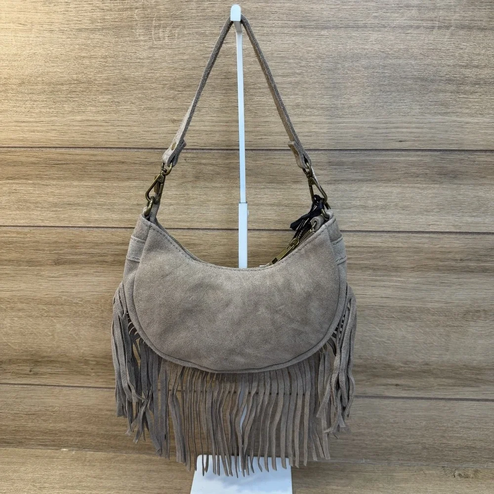 Marlon Firenze Italy Taupe Suede Crescent Shoulder Crossbody Bag Fringe Boho